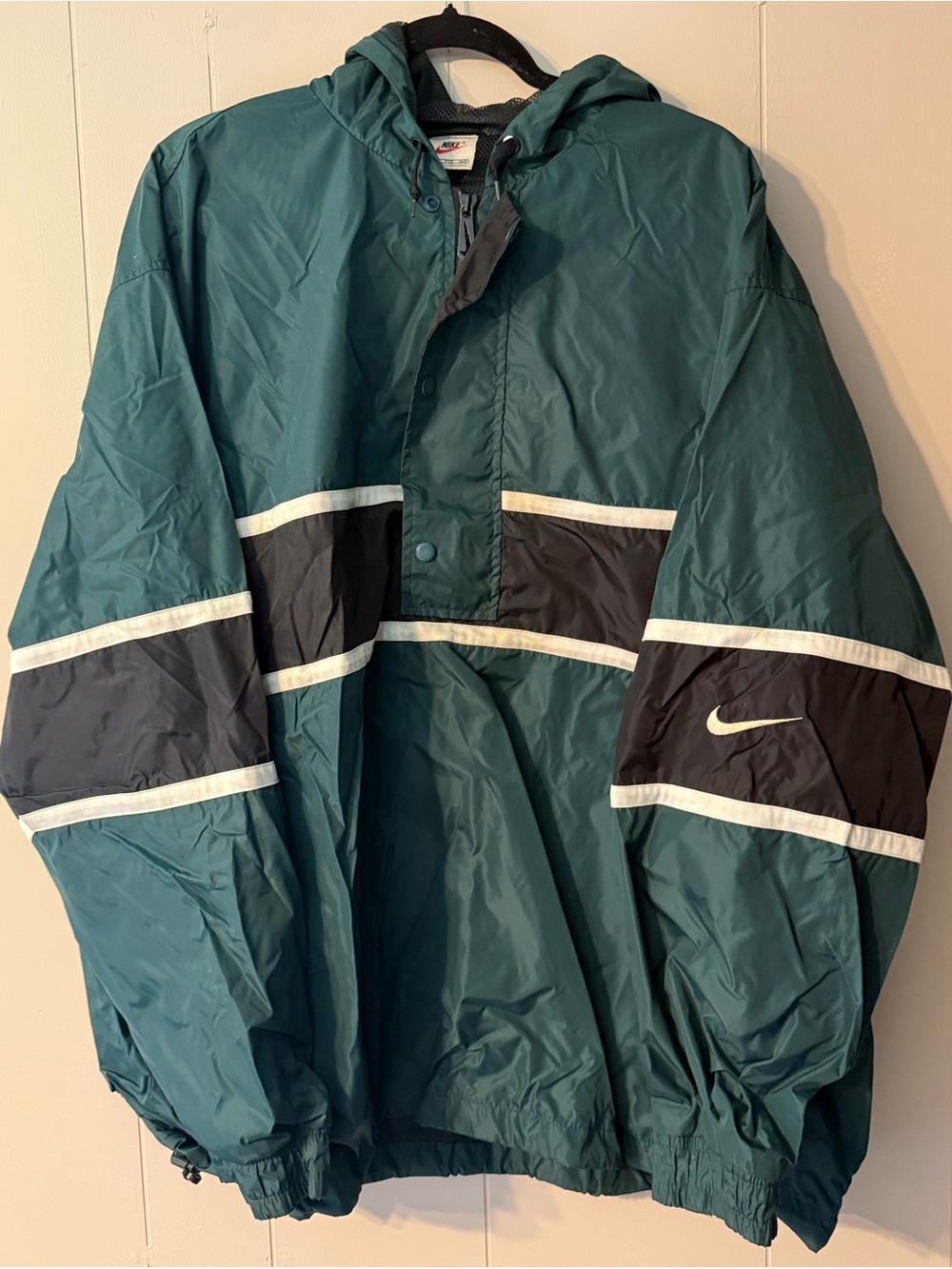 Vintage Nike Hooded Windbreaker Jacket XXL Teal Black Mesh Lined Y2K Swoosh